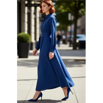 Kadın Kuşaklı Gömlek Yaka Dokuma Maxi Boy Uzun Kollu Düz Desen Şık Elbise Ofis ve Günlük