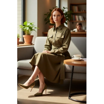 Kadın Kuşaklı Gömlek Yaka Midi Dokuma Elbise A Line Kesimiyle Kış Stiline Modern Dokunuş Kaliteli