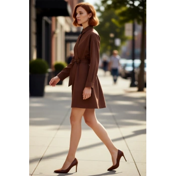 Kadın Kuşaklı Gömlek Yaka Yarasa Kol Uzun Mini Elbise Rahat Şık Dokuma Kumaş Tasarım Kaliteli