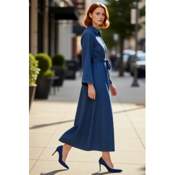 Kadın Kuşaklı Maxi Boy %100 Pamuk Denim Gömlek Elbise Uzun Melek Kol Yaka Casual Stil