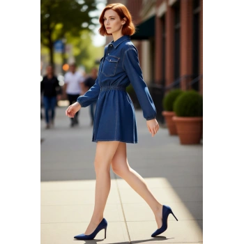 Kadın Lacivert %100 Pamuk Uzun Kollu Gömlek Yaka Lastikli Belli Skater Mini Denim Elbise Kaliteli