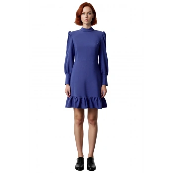Kadın Lacivert A Kesim Dokuma Elbise Dik Yaka Balon Kollu Mini Boy Sonbahar Kış Ofis Stili