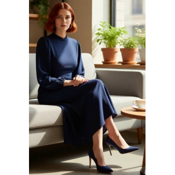 Kadın Lacivert Aerobin Dokuma Maxi Boy Hakim Yaka Britli Düz Rahat Şık Günlük Elbise Kaliteli