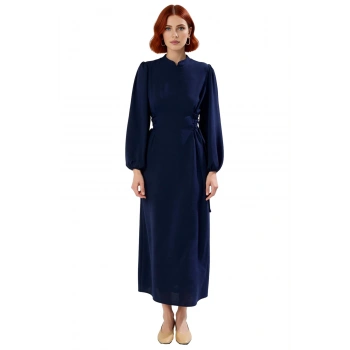 Kadın Lacivert Aerobin Dokuma Maxi Boy Hakim Yaka Britli Düz Rahat Şık Günlük Elbise Kaliteli