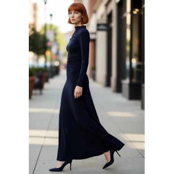 Kadın Lacivert Bodycon Dik Yaka Uzun Kollu Büzgülü Maxi Elbise Modern Şık Esnek Örme Tasarım