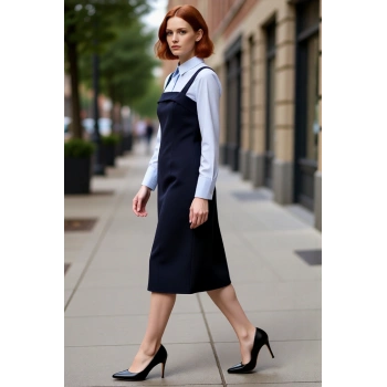Kadın Lacivert Bodycon Dokuma Elbise Gömlek Yaka Detaylı Şık Ofis ve Günlük Kombinler İçin İdeal