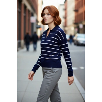 Kadın Lacivert Çizgili Polo Yaka Triko Kazak Akrilik Düşük Kol Rahat Basic Günlük Giyim Kaliteli