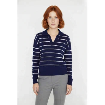 Kadın Lacivert Çizgili Polo Yaka Uzun Düşük Kol Akrilik Triko Kazak Regular Kalıp Günlük Kaliteli