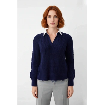 Kadın Lacivert Gömlek Yakalı Saç Örgülü Düşük Kol Triko Kazak Regular Kalıp Yumuşak Dokulu Günlük