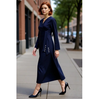 Kadın Lacivert Kruvaze Yaka Anvelop Maxi Elbise Yandan Bağlama Detaylı Dokuma Kumaş Uzun Kollu Şık