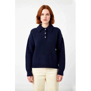 Kadın Lacivert Oversize Geniş Kalıp Polo Yaka Triko Kazak Kış Günleri İçin İdeal Günlük Kombin