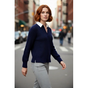 Kadın Lacivert Regular Kalıp Triko Kazak Düşük Kol Gömlek Yaka Saç Örgülü Kışlık Şıklık Kaliteli
