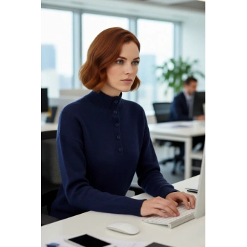 Kadın Lacivert Regular Kesim Dik Yaka Uzun Düşük Kol Triko Kazak Günlük Giyime Elegans Katın