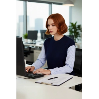 Kadın Lacivert Renk Bloklu Oversize Bisiklet Yaka Çizgili Gömlek Detaylı Triko Kazak Modern Rahatlık