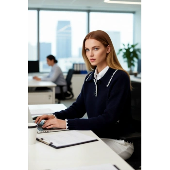 Kadın Lacivert Renk Bloklu Oversize Kesim Polo Yaka Triko Kazak Kış ve Sonbahar Şıklığı Sunar