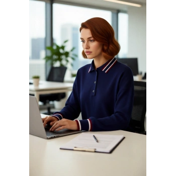 Kadın Lacivert Renk Bloklu Polo Yaka Oversize Triko Kazak Günlük Stil İçin İdeal Düşük Kol Tasarım