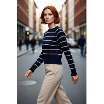 Kadın Lacivert Simli Çizgili Oversize Triko Kazak Modeli Soğuk Kış Günlerine Şıklık Katın Kaliteli