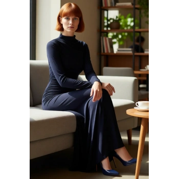 Kadın Lacivert Uzun Kollu Dik Yaka Bodycon Maxi Elbise Büzgülü Esnek Şık Modern Örme Tasarım