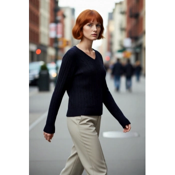 Kadın Lacivert V Yaka Saç Örgü Pamuklu Triko Kazak Regular Kalıp Kışlık Konforlu Basic Stil