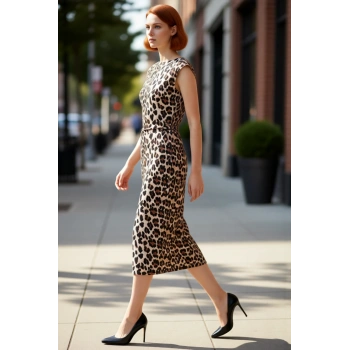 Kadın Leopar Desenli Midi Boy Astarlı Dokuma Elbise Bisiklet Yaka Kolsuz Rahat Kesim Yaz Bahar Stili