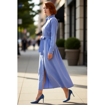 Kadın Lila Kuşaklı Dokuma Gömlek Elbise Rahat Standart Kol Maxi Boy Düz Desen Şıklığı Kaliteli