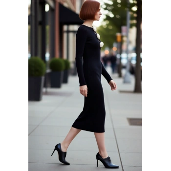 Kadın Limited Edition Siyah Bodycon Triko Gül Detaylı Maxi Elbise İlkbahar Sonbahar Zarafeti Sunar