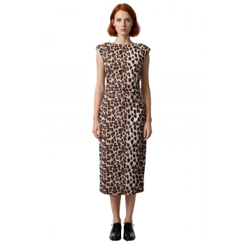 Kadın Mat Saten Leopar Desenli Midi Elbise Bisiklet Yaka Kolsuz Yazlık Şık Tasarımlı Astarlı Dokuma