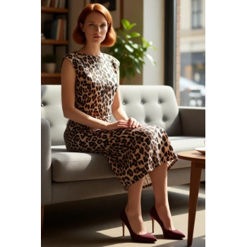 Kadın Mat Saten Leopar Desenli Midi Elbise Bisiklet Yaka Kolsuz Yazlık Şık Tasarımlı Astarlı Dokuma