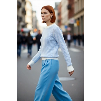 Kadın Mavi Beyaz Çizgili Selanik Dokulu Düğmeli Triko Kazak Kış Sonbahar İçin Basic Ve Konforlu