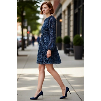 Kadın Mavi Çiçek Desenli Fırfırlı Şifon Astarlı Mini Elbise ile Şık Skater Siluet Kaliteli