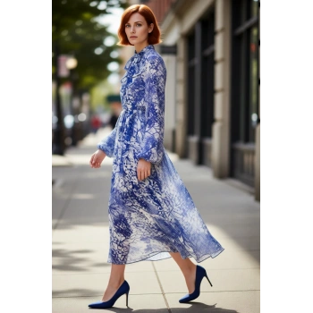 Kadın Mavi Çiçek Desenli Şifon Astarlı A Kesim Uzun Abiye Elbise Balon Kol Dik Yaka Kaliteli