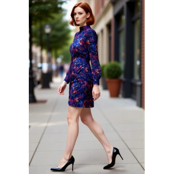 Kadın Mavi Çiçekli A Line Şifon Dokuma Dik Yaka Balon Kol Mini Elbise Şık Kışlık Kombinler