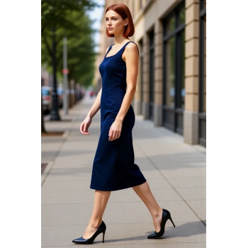 Kadın Mavi Denim Midi Elbise Kare Yaka Kolsuz Bodycon Kalıp Trend Günlük Şıklık İçin İdeal