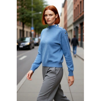 Kadın Mavi Regular Kesim Düğmeli Triko Kazak Uzun Kollu Soğuk Günler İçin İdeal Seçim Kaliteli