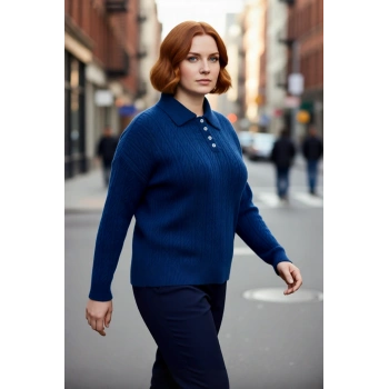 Kadın Mavi Uzun Kol Saç Örgü Dokulu Polo Yaka Triko Kazak Günlük Şıklık ve Konfor Sunar Kaliteli
