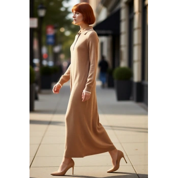 Kadın Maxi A Line Triko Elbise Polo Yaka Düşük Kol Detaylı Biyeli Kışlık Rahatlık Ve Şıklık