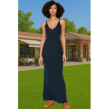 Kadın Maxi Basic Triko Elbise Akrilik V Yaka Günlük Şık Trend Tasarım Mükemmel Uyum Konforlu Kesim