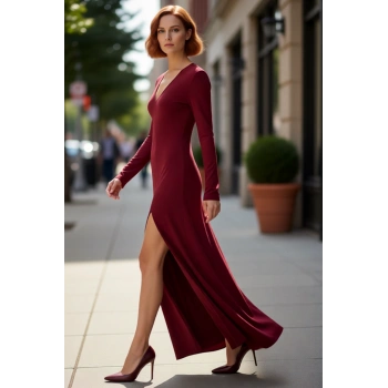 Kadın Maxi Bodycon Kalıp V Yaka Uzun Kollu Düz Desen Yırtmaç Detaylı Şık Modern Örme Elbise