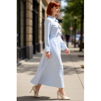 Kadın Maxi Boy Dokuma Düz Desen Kurdele Detaylı Skater Siluet Standart Kol Şık Elbise Kaliteli