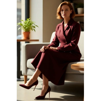 Kadın Maxi Boy Dokuma Elbise Modern Kruvaze Kesim Ceket Yaka İle Şık Görünüm Sunar Kaliteli