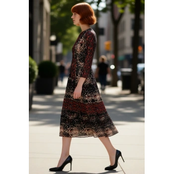 Kadın Maxi Boy Şifon Astarlı Animal Desenli Hakim Yaka Uzun Kollu Skater Elbise Kaliteli Şık