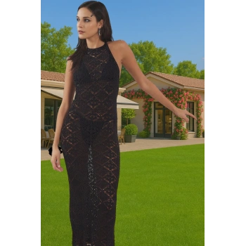 Kadın Maxi Boy Triko Plaj Elbise Halter Yaka Yazlık Şık Modern Stil Dayanıklı Malzeme