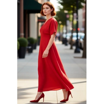 Kadın Maxi Boy V Yaka A Line Kalıp Dokuma Crinkle Dokulu Büyük Beden Elbise İlkbahar Sonbahar İçin