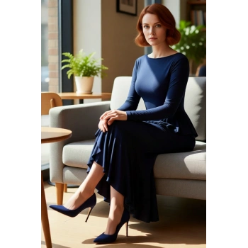 Kadın Maxi Boy Vücuda Oturan Fırfırlı Kayık Yaka Uzun Kollu Abiye Elbise Mezuniyet ve Kokteyl İçin