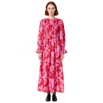 Kadın Maxi Elbise Dokuma Çiçekli Desen Büzgülü Uzun Kol Kırmızı Zarif Bisiklet Yaka Modern Stil