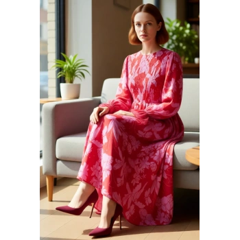 Kadın Maxi Elbise Dokuma Çiçekli Desen Büzgülü Uzun Kol Kırmızı Zarif Bisiklet Yaka Modern Stil