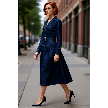 Kadın Maxi Kemerli Ceket Yaka Uzun Kollu %100 Pamuk Denim Shift Elbise Basic Siluet Kaliteli