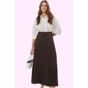 Kadın Maxi Piliseli Etek Keten Görünümlü Kemer Detaylı Günlük Stil Yaz Aylarının Vazgeçilmezi