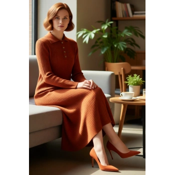 Kadın Maxi Triko Elbise Polo Yaka Uzun Kollu Yarım Patlı A Line Ribana Düz Desen Şık Günlük Kış İçin
