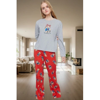 Kadın Melanj Ayıcıklı Pijama Takımı Kışlık Rahat Ev Giyim Seti Şık Görünüm Dayanıklı Malzeme